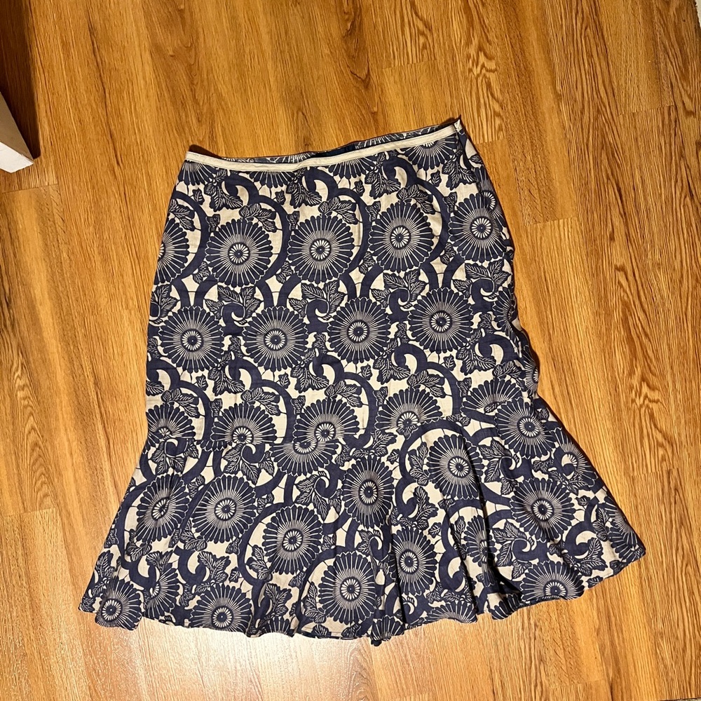 Boden 18 100% LINEN Floral Patterned Blue and Cream Skirt flowy pretty summer XL
